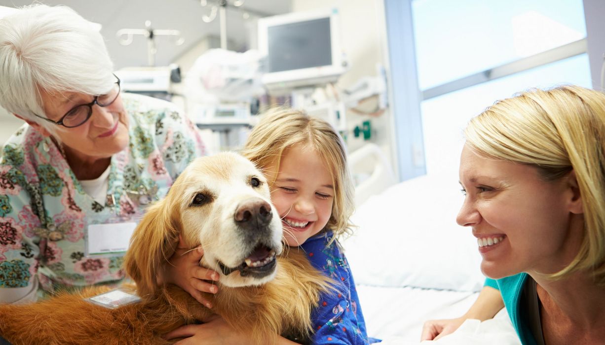 Kind in der Klinik, umarmt einen Hund.