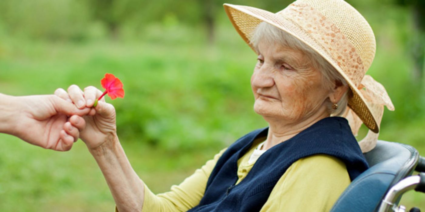 Portraitfoto: Alte Frau im Rollstuhl in der Natur, Strohhut, schaut abwesend, bekommt von einer Hand eine rote Blume gereicht