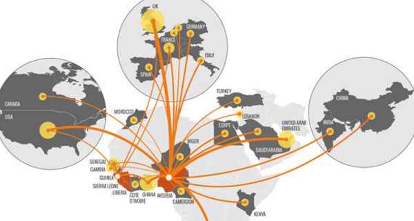 Schaubild der Ebola Verbreitungswege von Afrika in verschiedene Kontinente