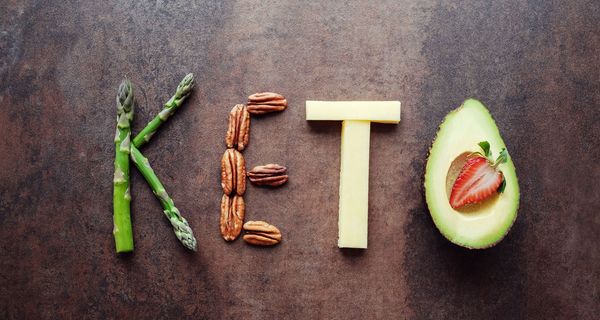 Das Wort KETO, bestehend aus Spargel, Mandeln, Käse und Avocado.