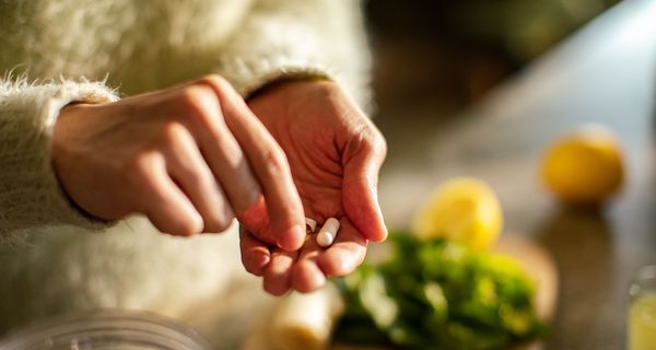 Frau, hat zwei Tabletten in der Hand.
