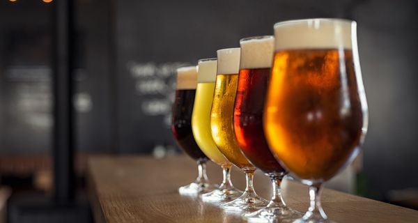 Verschiedene Biersorten hintereinander aufgereiht.