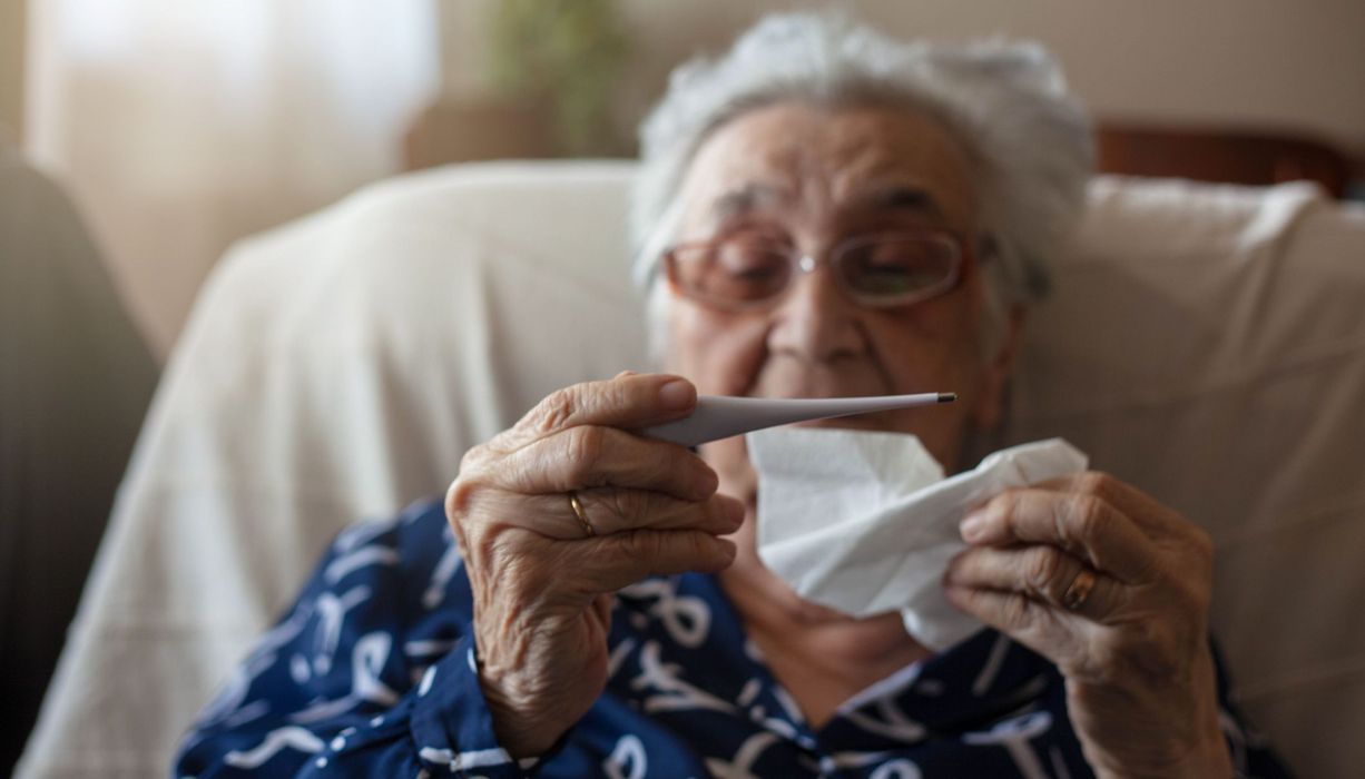 Ältere Frau, ca. 80 Jahre alt, schaut auf Fieberthermometer.