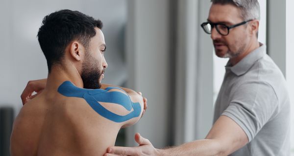 Ein Mann trägt Kinesiologie-Tape an der Schuler und dehnt die Muskulatur. Ein Physiotherapeut erklärt ihm etwas.