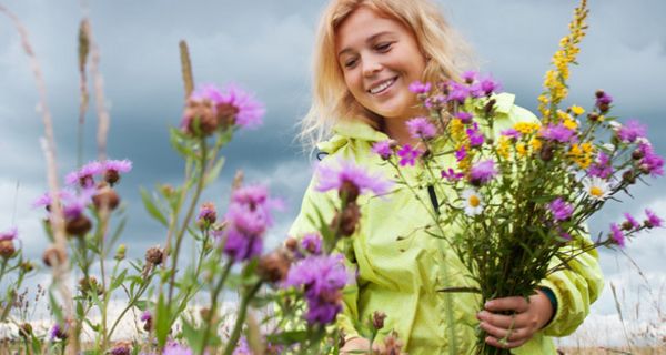 Junge blonde Frau pflückt Blumen auf einer Sommerwiese.