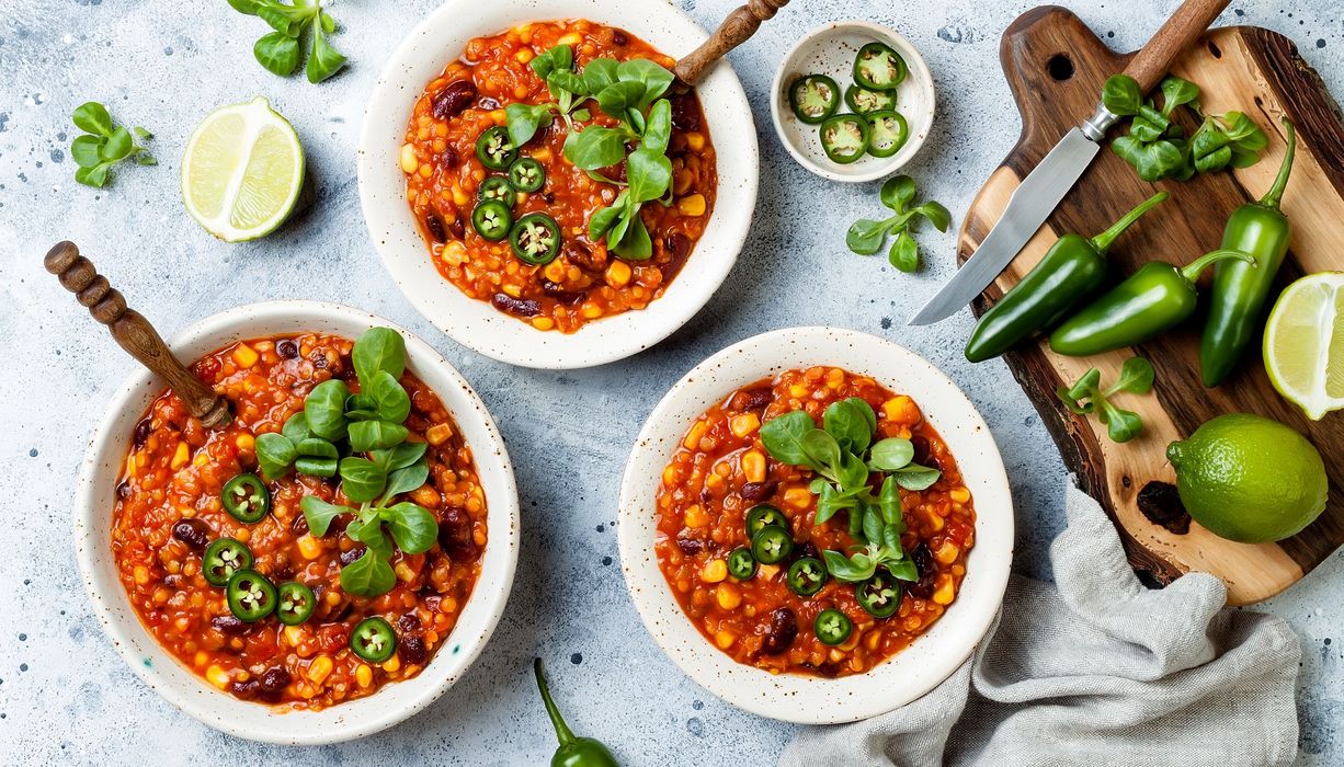 Foto von drei Tellern mit Chili con Carne.