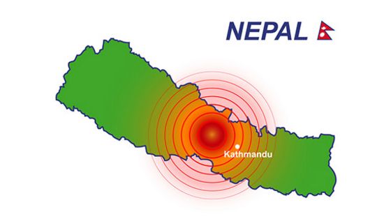Ikonografie von von Nepal, Fläche grün, Epizentrum des Erdbebens um kathmandu rot-orange mit Ausstrahlungswellen