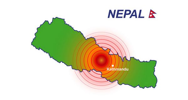Ikonografie von von Nepal, Fläche grün, Epizentrum des Erdbebens um kathmandu rot-orange mit Ausstrahlungswellen