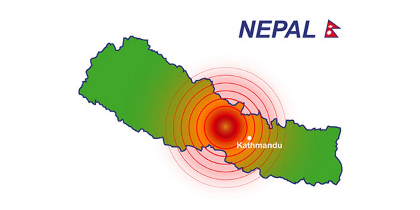 Ikonografie von von Nepal, Fläche grün, Epizentrum des Erdbebens um kathmandu rot-orange mit Ausstrahlungswellen