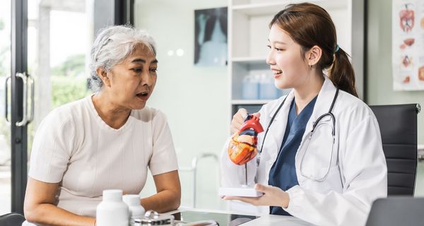 Eine junge Ärtzin hält ein Herz-Modell in der Hand und berät eine ältere Dame.