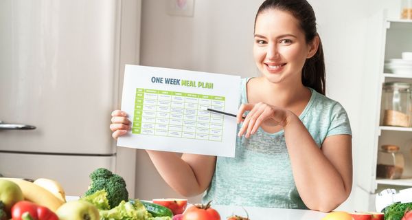 Eine junge Frau zeigt mit einem Stift auf einen Wochenspeiseplan. Vor ihr liegt Obst und Gemüse.