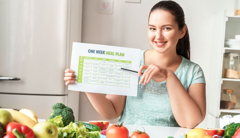 Eine junge Frau zeigt mit einem Stift auf einen Wochenspeiseplan. Vor ihr liegt Obst und Gemüse.