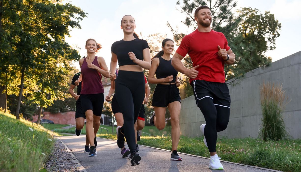 Eine Gruppe junger Menschen beim Marathontraining.