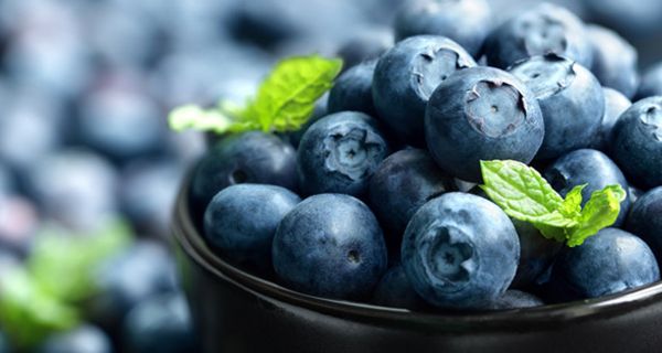 dunkelgraues Keramikschälchen mit Blaubeeren, Blaubeeren drumherum verstreut