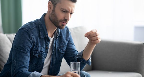Mann blickt zweifelnd auf eine Tablette in seiner Hand. In der anderen hält er ein Glas Wasser.