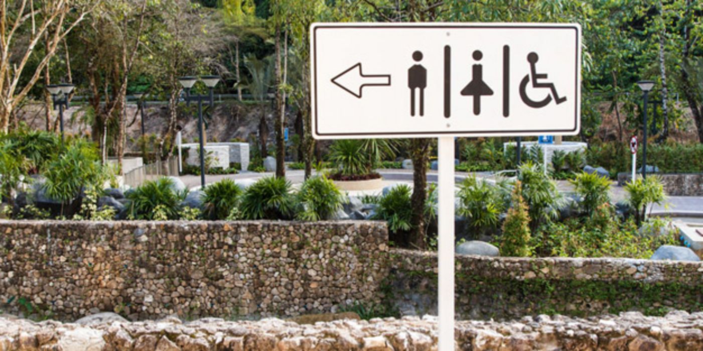 Toilettenschild vor Parklandschaft weiß, Pfeil nach links, schwarz gerahmt, schwarze Piktogramme: Mann, Frau, Rollstuhl