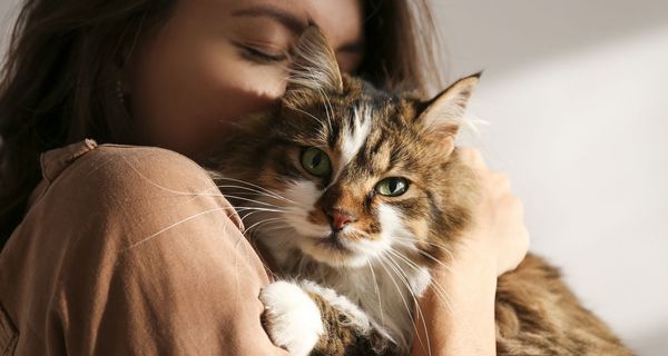 Frau, kuschelt mit ihrer Katze.