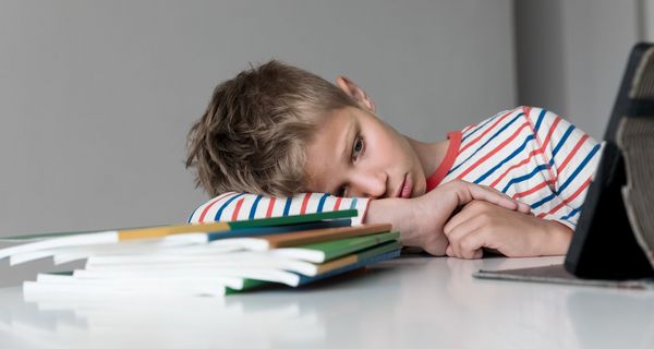 Junge, liegt mit dem Kopf auf seinem Arm vor einem Stapel Bücher und seinem Laptop.