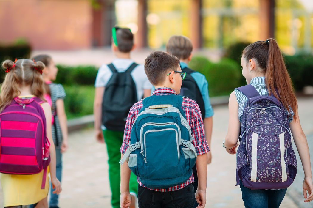 Schulkinder von hinten auf der Weg zur Schule mit unterschieldichen Schulrucksäcken.