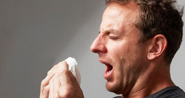 Beim Niesen fliegen Millionen kleinster Tröpfchen mit Erkältungsviren in die Umgebung.