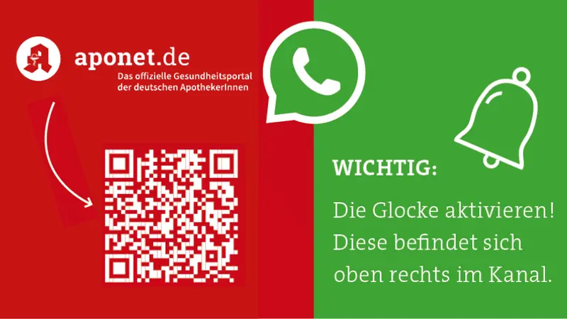 aponet.de-Logo mit QR-Code zum WhatsApp-Kanal; daneben das WhatsApp-Logo, ein Glocken-Icon sowie der Text: "Wichtig: Die Glocke aktivieren! Diese befindet sich oben rechts im Kanal."