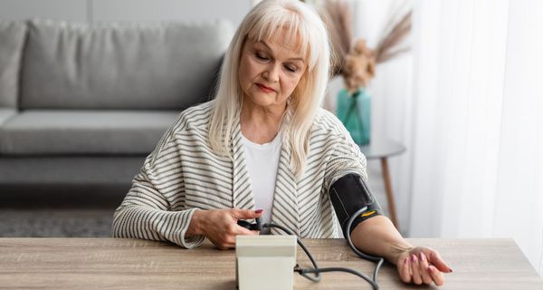 Ältere Frau, misst zu Hause ihren Blutdruck mit einem Oberarm-Messgerät.