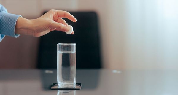 Frau, ist in Begriff, eine Calcium-Tablette in Wasser aufzulösen.