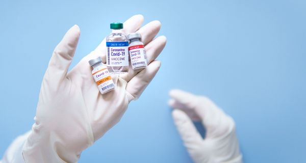 Hand mit Gummihandschuhen, hält drei verschiedene Covid-19-Impfstoffe. 