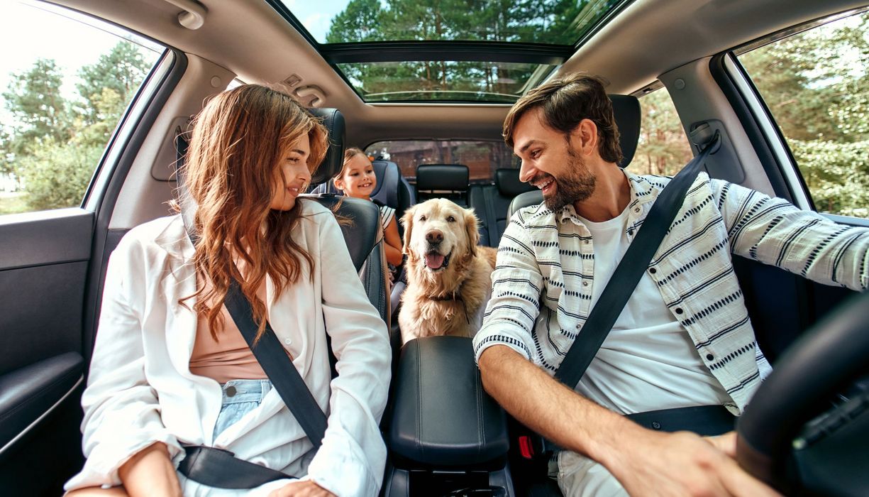 Familie mit Hund, gemeinsam im Auto.