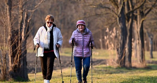 Zwei ältere Damen gehen mit "Nordic Walking" Stöcken durch einen Park. Es ist Winter, man sieht kahle Bäume im Hintergrund.