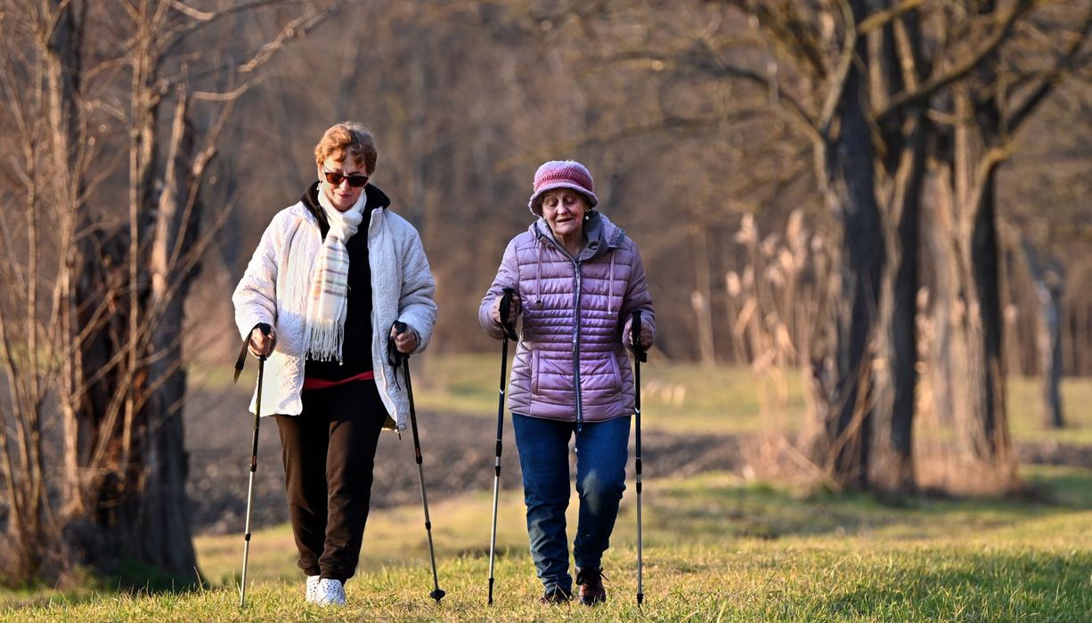 Zwei ältere Damen gehen mit "Nordic Walking" Stöcken durch einen Park. Es ist Winter, man sieht kahle Bäume im Hintergrund.