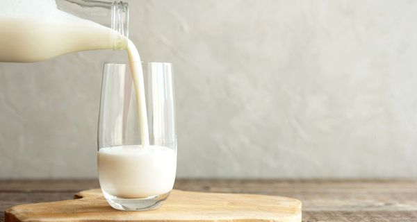 Milch, wird aus einer Glasflasche in ein Glas eingeschenkt.