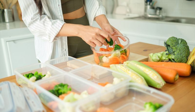 Junge Frau bereitet gesundes Essen für die Woche vor: Vor ihr stehen fünf Plastikbehälter, in die sie Karotten, Blumenkohl, Brokkoli und Mais füllt. 