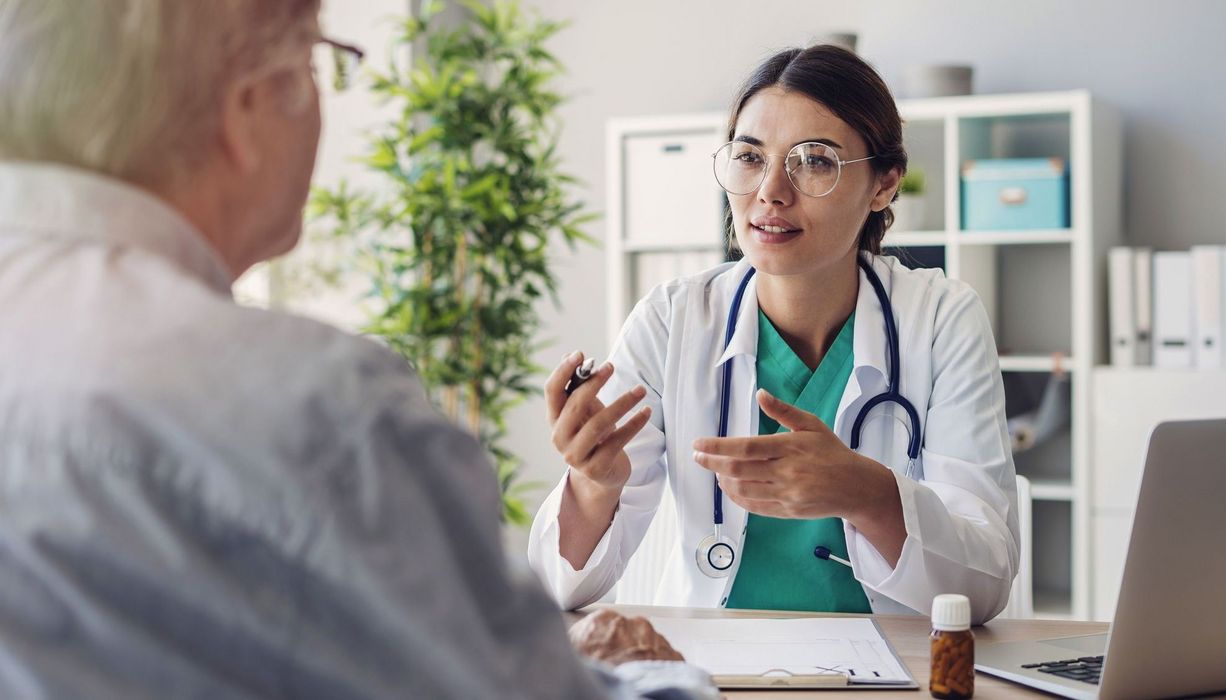 Junge Ärztin, spricht mit Patienten.