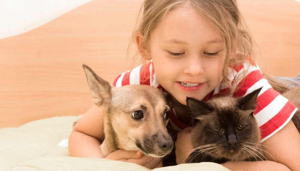 Kleines Mädchen mit Hund und Katze in den Armen.