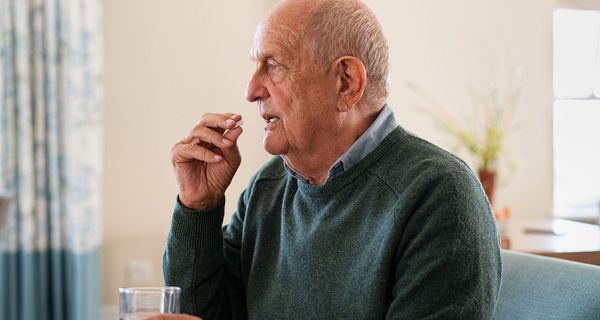Älterer Mann, nimmt eine Tablette.