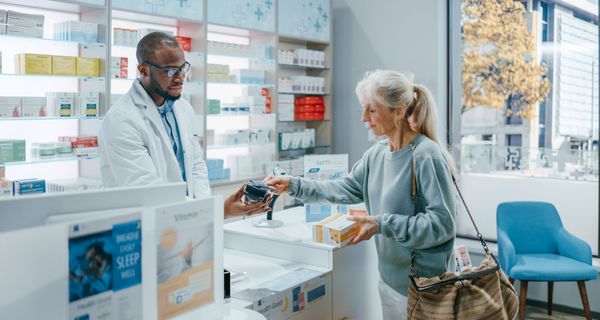 Frau, besorgt sich ein Medikament in der Apotheke.