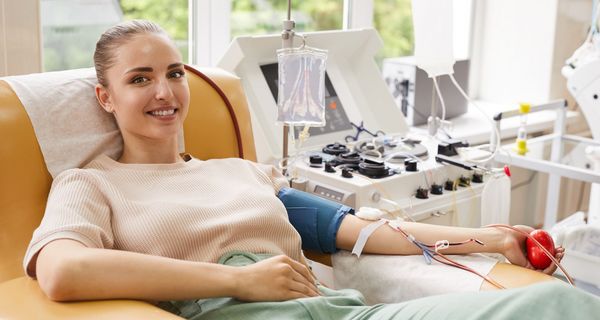 Junge Frau auf einer Liege beim Blutspenden.