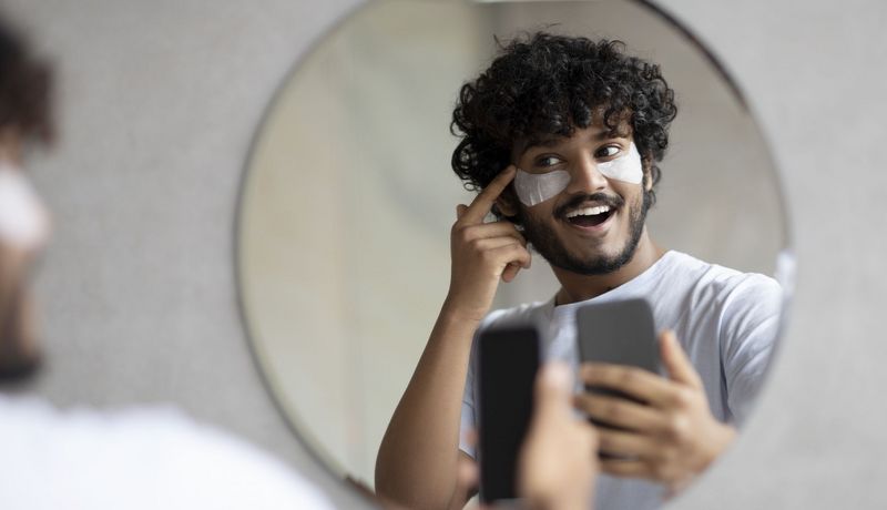 Junger Mann hat sein Handy in der Hand und blickt in den Spiegel. Auf seinen Wangen ist deutlich weiße Kosmetik zu sehen.