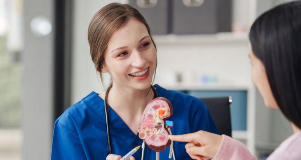 Eine Ärztin erklärt einer Patientin die Niere anhand eines Modells.