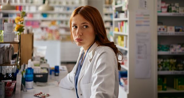 Apothekerin steht enttäuscht in der Apotheke.