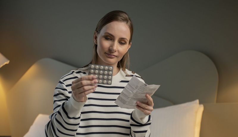 Junge Frau, liest eine Packungsbeilage