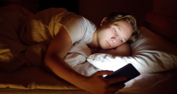 Jugendlicher, liegt im Bett und schaut auf sein Smartphone.