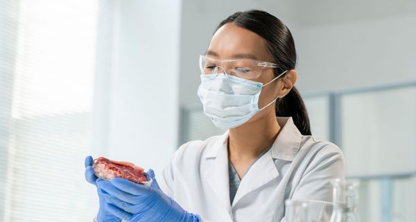 Eine junge Forscherin mit Maske und Handschuhen im weißen Kittel hält eine Petrischale mit Fleisch