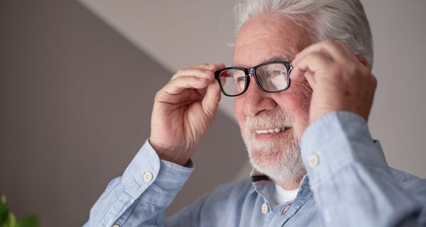 Älterer Herr nimmt lächelnd eine Lesebrille ab.