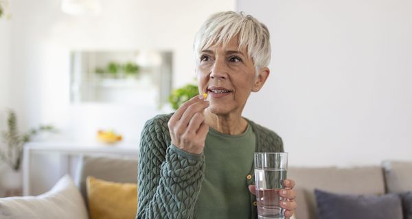 Frau nimmt Tablette mit einem Glas Wasser ein.