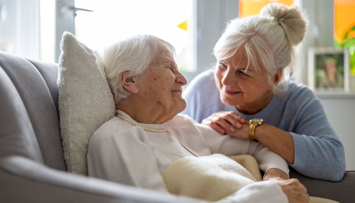 Frau, kümmert sich um eine Seniorin.