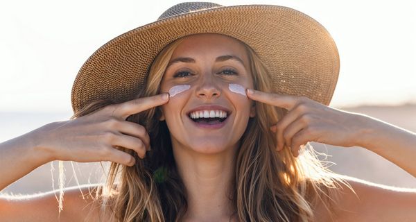 Frau mit Sonnenhut cremt sich das Gesicht ein.