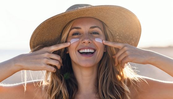 Frau mit Sonnenhut cremt sich das Gesicht ein.