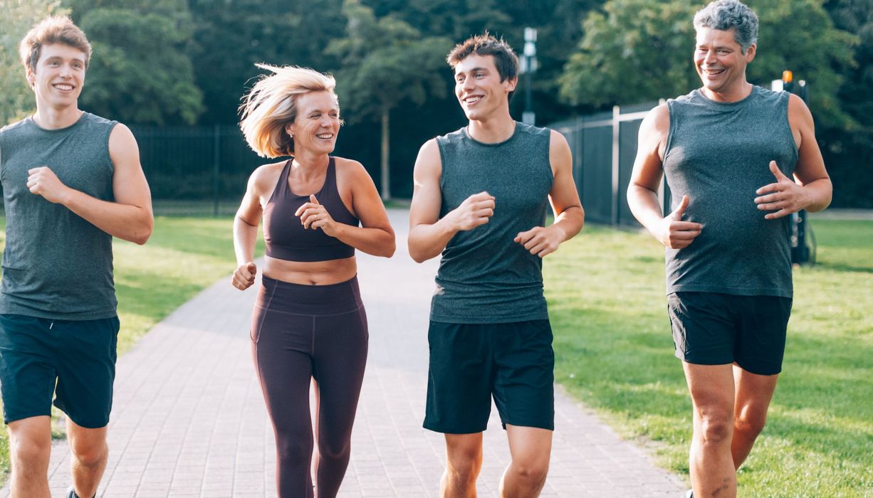 Zwei junge Männer und ein älterer Herr sowie eine Frau joggen bzw. walken.